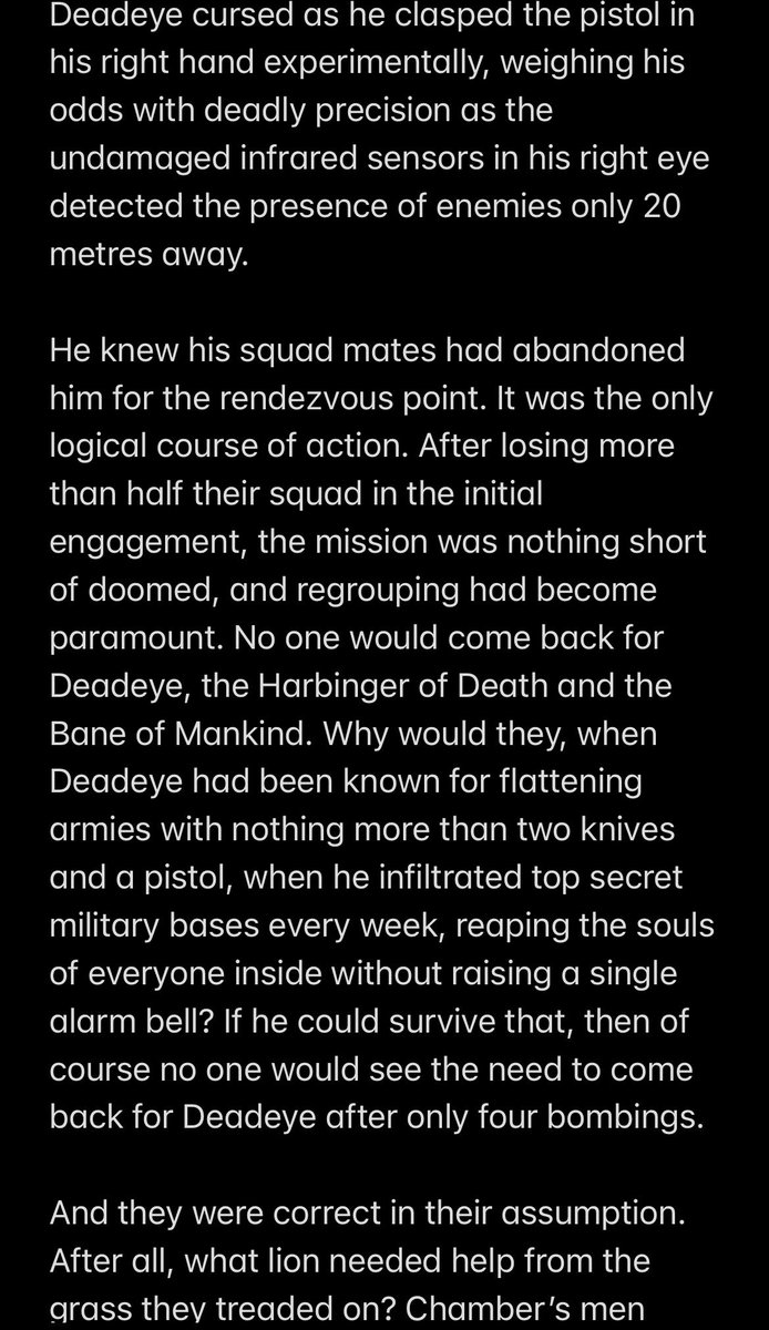 Bastion0000's tweet photo. Hi! I got distracted again and wrote up a scene inspired by Jun’s sci-fi Deadrift idea (please take a look at Jun’s big brain idea!!). It’s the scene where Deadeye is injured and gets left behind by his team. Please give it a read if you want to 😚
#Deadrift https://t.co/b08ME3rjnp