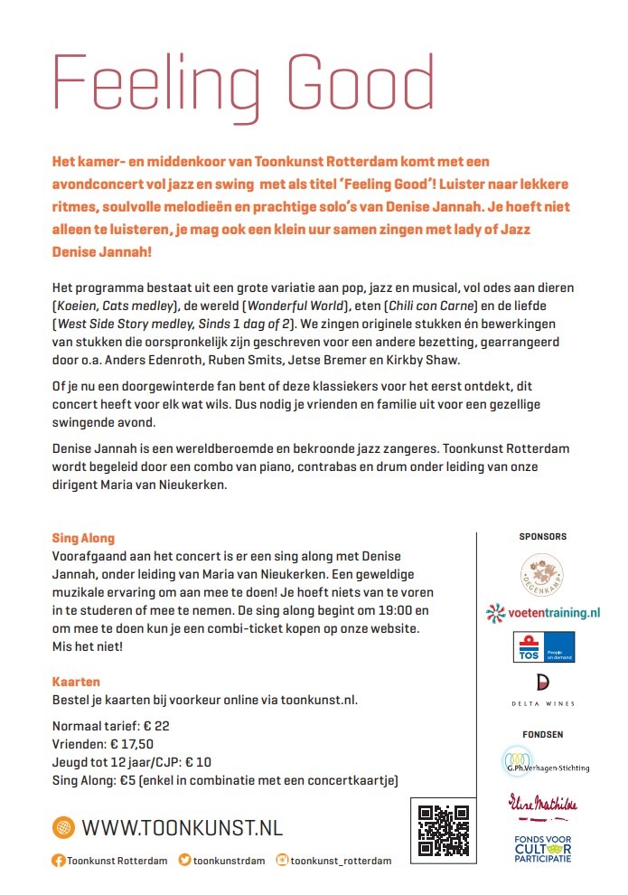 Nieuwsgierig naar het programma van ons gevarieerde zomerconcert 'Feeling good' op 10 juni? Kijk op onze mooie flyer en op toonkunst.nl voor meer info en tickets!