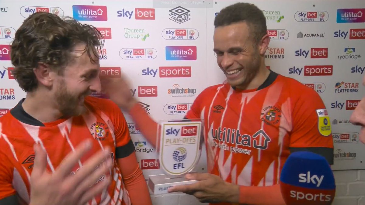 Congratulations to @LutonTown for making the Championship play-off final! Photo of Tom Lockyer picking up his man of the match award, and showing great movement off the pitch by getting our logo on Sky Sports…