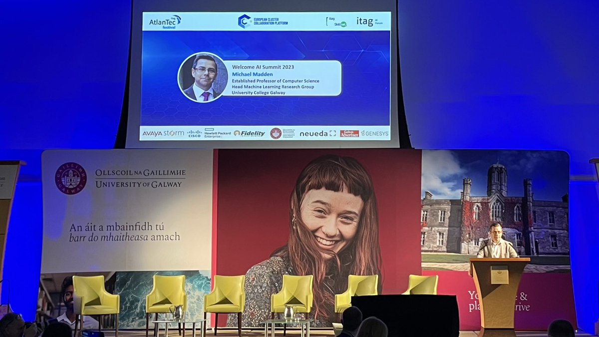 arik_elberse's tweet photo. Prof Michael Madden of University Galway kicking off an exciting day at the @AtlanTecFest  #AISummit with Dr Rachel Finn of Trilateral Research speaking on #EthicalAI and #SocioTech https://t.co/lAK0keKVb5