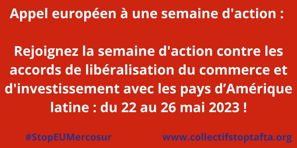 Bruxelles veut finaliser les accords de libéralisation du commerce avec les pays d'Amérique latine (Mercosur, Mexique, Chili) : rejoignez la semaine d'action contre ces accords du 22 au 26 mai !
➡️collectifstoptafta.org/accord-ue-merc…
➡️s'inscrire au fil telegram : t.me/+aD5EtbLH0Bo4Z…