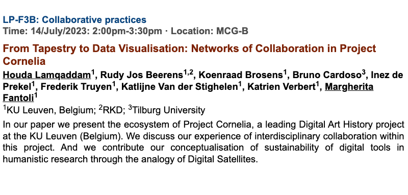 We're presenting work about collaboration and sustainability in DH at <a href="/DH2023Graz/">DH2023</a> together with @MargheFantoli and the <a href="/projectcornelia/">Project Cornelia</a> team.  Looking forward to the discussion! #digitalarthistory