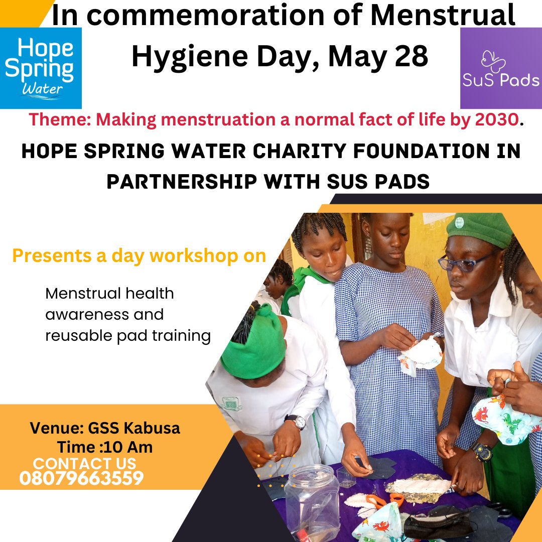 Join us for our upcoming workshop on Menstrual Hygiene Day! We'll be educating and empowering girls on menstrual health awareness and teaching them how to make their own reusable pads. Let's come together to help smash the stigma around periods #MHDay2023 #reusablepads