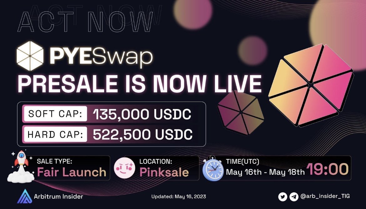 You like 🥧? Stuff your face full of $PYES 😛

Join the #PyeSwap Presale now on #Arbitrum 💙🧡
👉🏻 pinksale.finance/launchpad/0xF7…

26,000 $USDC REFERRAL POOL FOR THOSE INVITING FRENS!