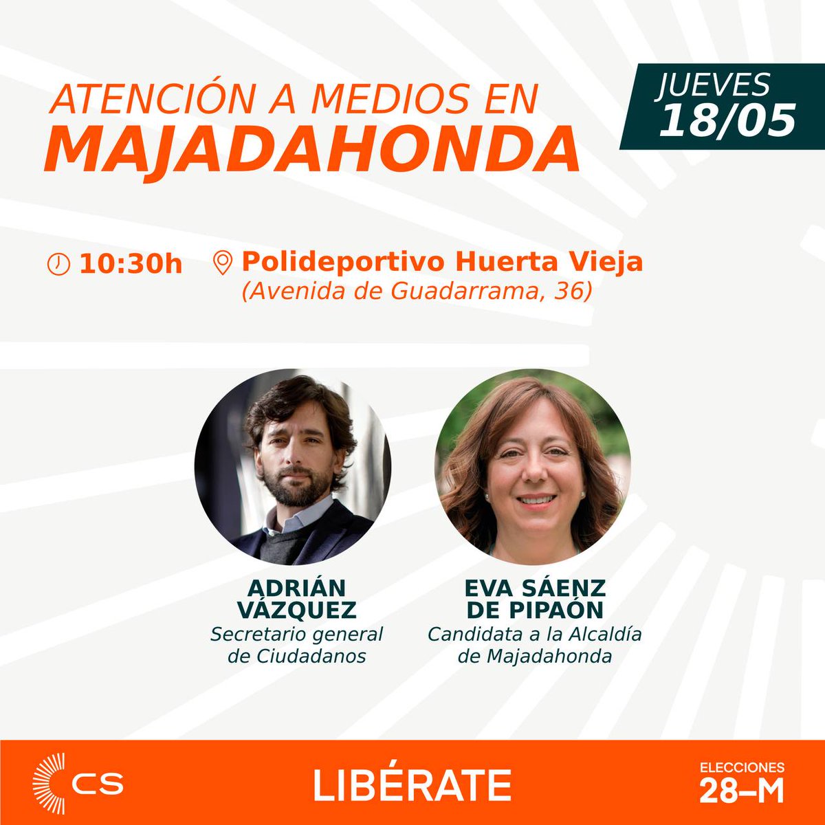 Mañana atenderé a los medios junto a nuestro secretario general y líder de <a href="/CS_Europa/">Ciudadanos Europa 🇪🇺🇪🇸</a>, <a href="/AdrianVL1982/">Adrián Vázquez Lázara 🇪🇦🇪🇺</a>, para denunciar el cierre de la Piscina de Huerta Vieja y la falta de infraestructuras e instalaciones al aire libre.

📍 Piscina Huerta Vieja
⏰ 10:30h

#MajadahondaPrimero🧡