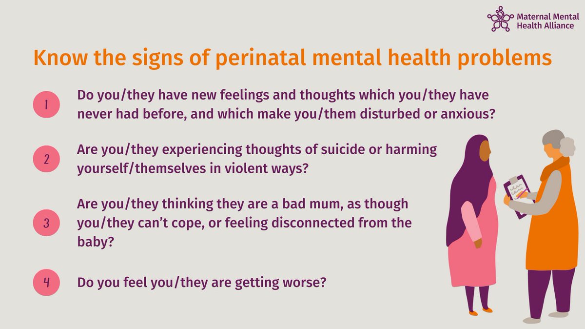 Know the signs 🚩 Symptoms of #PerinatalMentalHealth problems vary and it can be difficult to know if what you’re experiencing could be an illness, but if the answer is 'yes' to the following questions please talk to a healthcare professional you trust. #MentalHealthAwarenessWeek