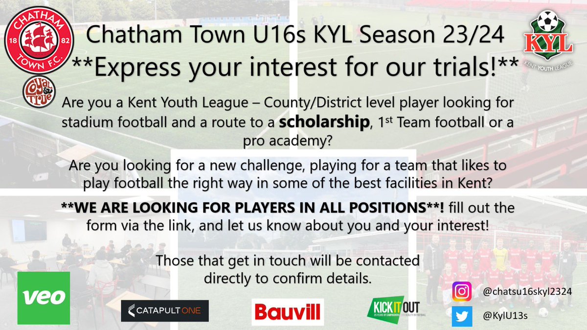 The 23/24 U16s Chatham Town KYL side are looking for players in all positions to strengthen for next season!
Interested?! Let us know using this Jotform

form.jotform.com/211016432809044