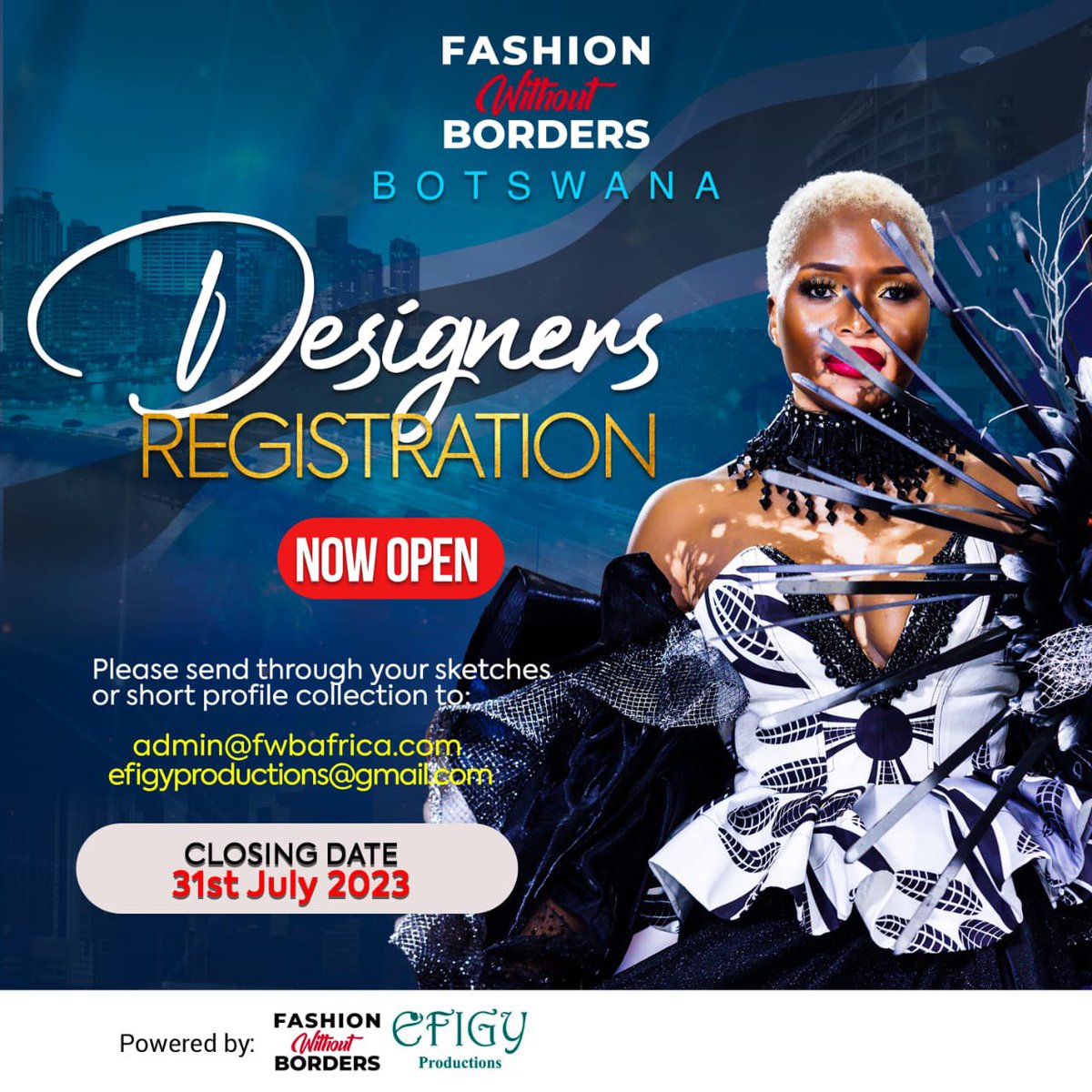 Hello Botswana 🇧🇼 
#9th INSTALLMENT ⏰📍 
Designers Registration NOW OPEN. Closing Date - JULY 31 2023📌
Send a BRIEF-PROFILE & pictures/sketches. -efigyproductions@gmail.com / admin@fwbafrica.com 
#FashionEcoSystem 
#DiversitythroughAfricanFashion
#FashionForGood #fwbbw23