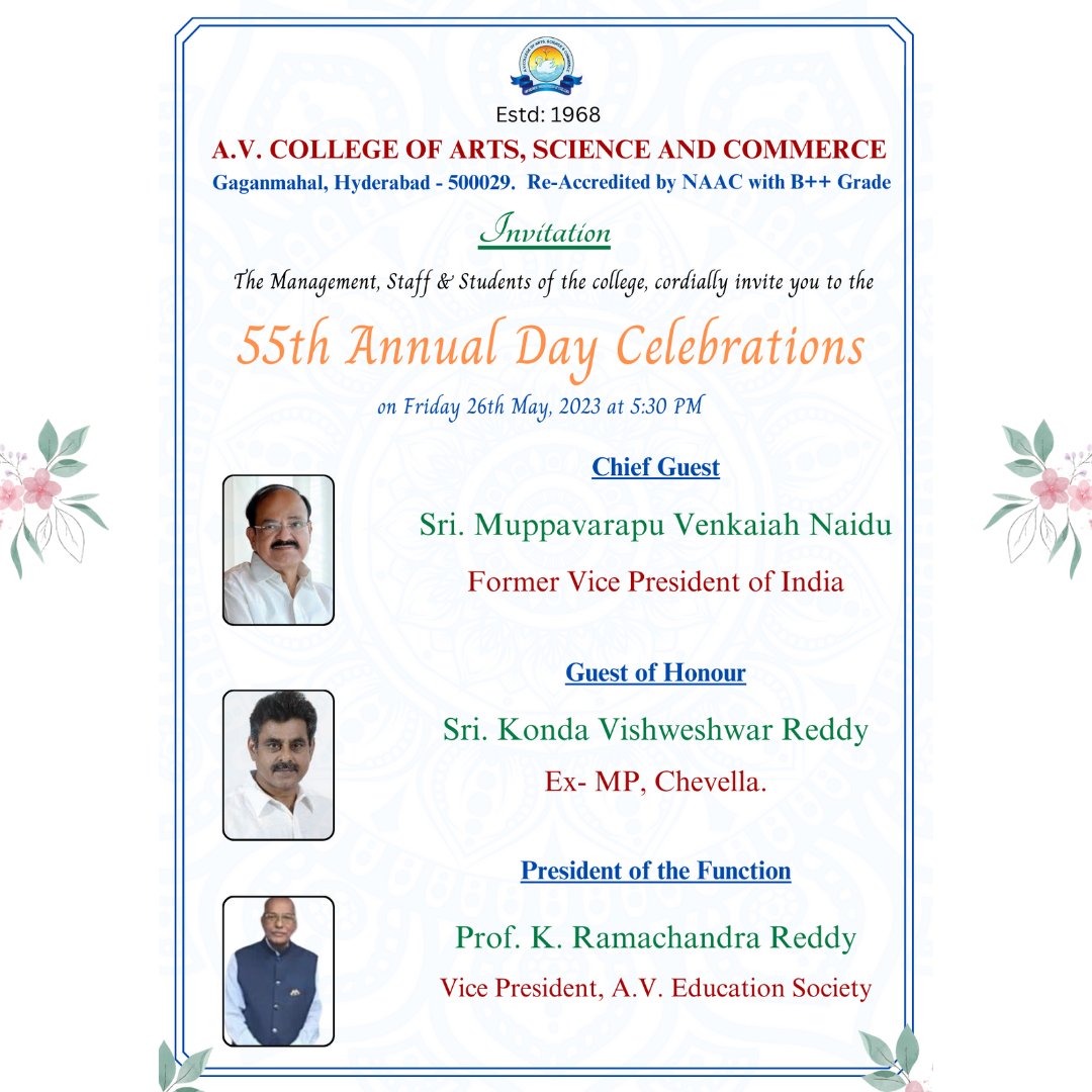 avc_hyd's tweet photo. We are thrilled to announce the upcoming celebration of our 55th Annual Day at A.V. College of Arts, Science, and Commerce. It is with great joy and pride that we invite you to join us on this special occasion on Friday 26th May at 5:30 PM. #55thAnnualDay #AV@55 https://t.co/phh713Yiif