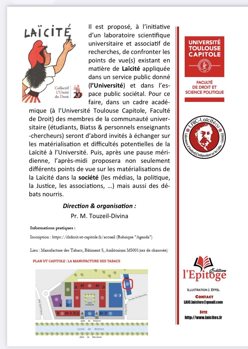 Clud4Droit's tweet photo. Le @SLaicite du @Clud4Droit grace a @Fac_droit_tlse / a le plaisir d organiser une journée laïcité ouverte sur l Université et la societe le 26 mai a @UTCapitole ! N hésitez pas a partager et a venir débattre ! https://t.co/Ubhw0Fh5Ld
