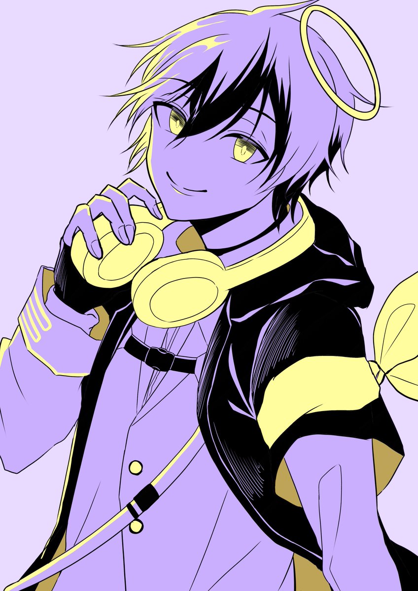 1boy male focus halo solo smile purple theme yellow eyes  illustration images