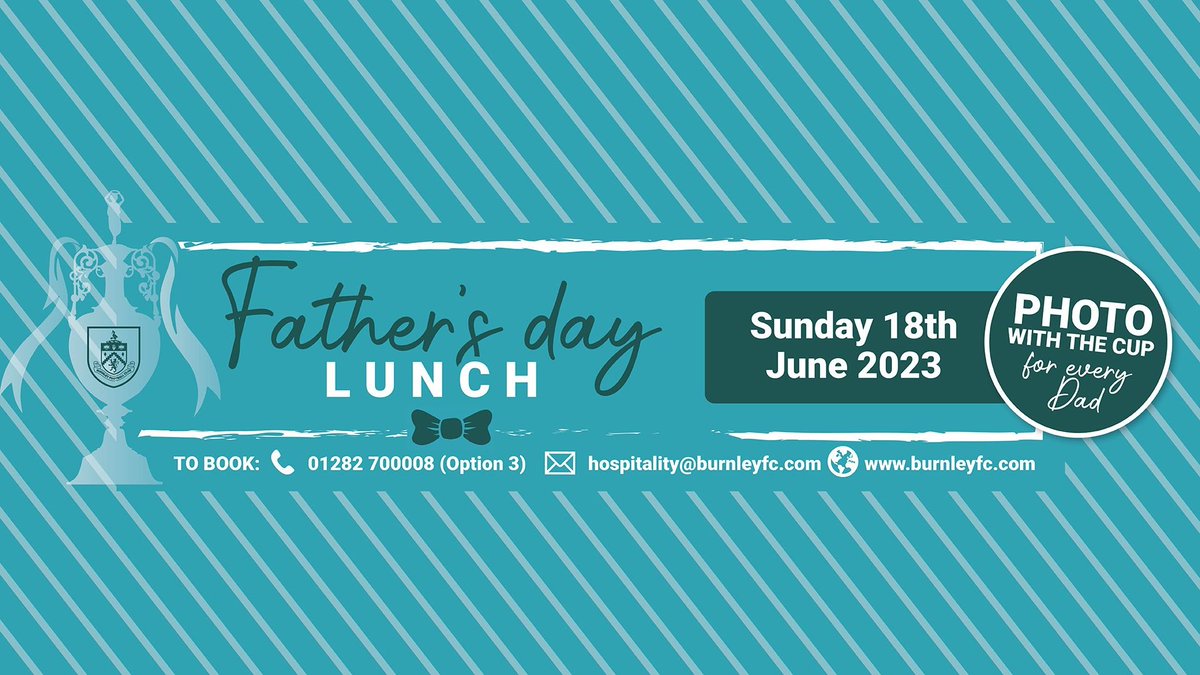 CELEBRATE FATHER'S DAY AT TURF MOOR 
Choose from our Carvery or Private Dining.
Our gift this year is extra special....In celebration of our Championship win every Dad will get the chance to have a photo with the Cup.
Book now on 01282 700008 or email hospitality@burnleyfc.com