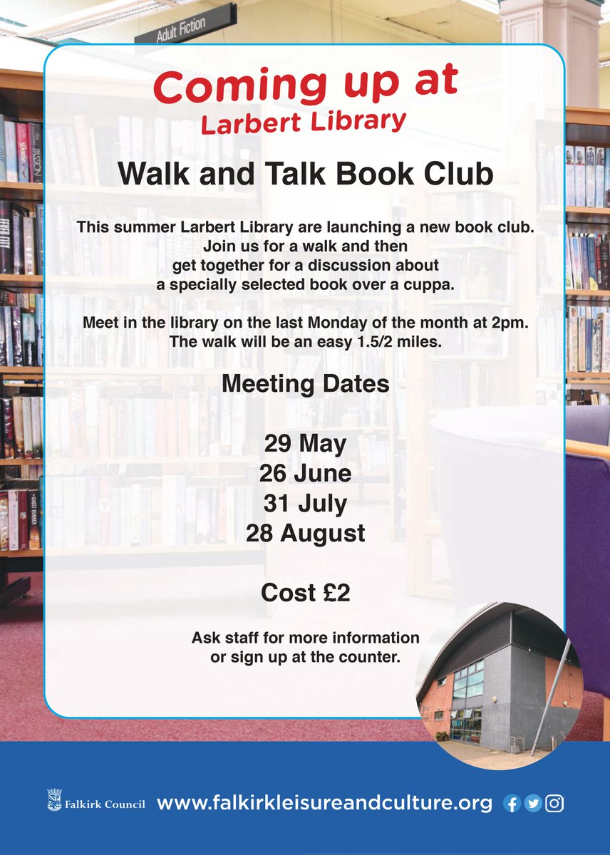 LibFalkirk's tweet photo. Larbert Library are starting a Walk and Talk Book Group that will meet on the last Monday of every month.  

Contact the library on 01325 503590 for more details.

#BookGroup #LarbertLibrary #Larbert #Stenhousemuir #WalkAndTalk https://t.co/AUwcbFWUzD
