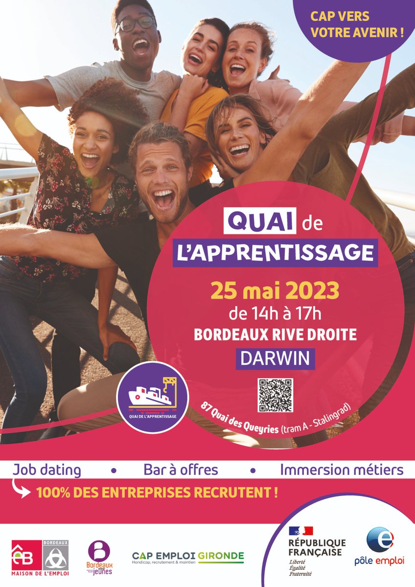 MDEEBORDEAUX's tweet photo. 📢 [QUAI DE L’APPRENTISSAGE]  J-7 ! @poleemploi_NA  organise le Quai de l’apprentissage !

🎯 Au programme :
🤝 Job dating
🍸 Bars à offres
🤖 Immersions métiers
🗝️ Escape game

📆 25 mai 2023, de 14h à 17h
📍Darwin Éco-système, Bordeaux

✏️ S’inscrire
👉 https://t.co/vFM6Rfk3NX https://t.co/Rvooy1dmFO