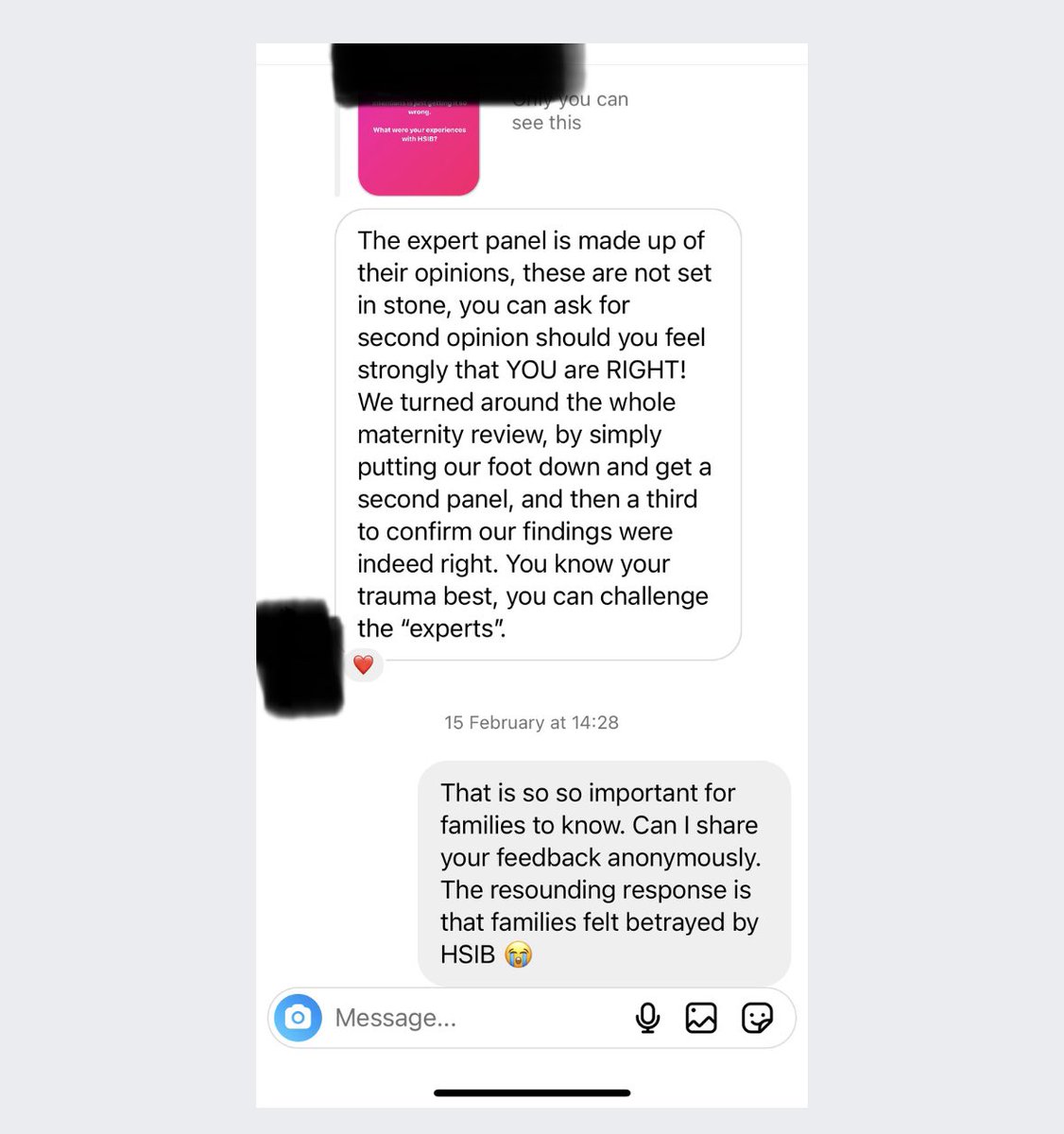 maternitylawyer's tweet photo. I am so incencesed/bemused/confused that @hsib_org statement at the end of 2nd part of the @Channel4News piece suggests that families are ‘overwhelmingly happy’ with HSIB. Here’s a few comments from families from my Instagram…… https://t.co/iyT75EmIPE