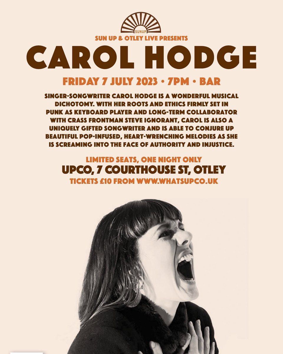 SUN UP FESTIVAL IS BACK! Otley’s festival of Summer Solstice with exhibition and events for everyone. We are partnering with Otley Live for an exciting programme of music - Come and join us at UpCo. And for starters, an evening with the fantastic <a href="/carolxhodge/">Carol Hodge</a>.