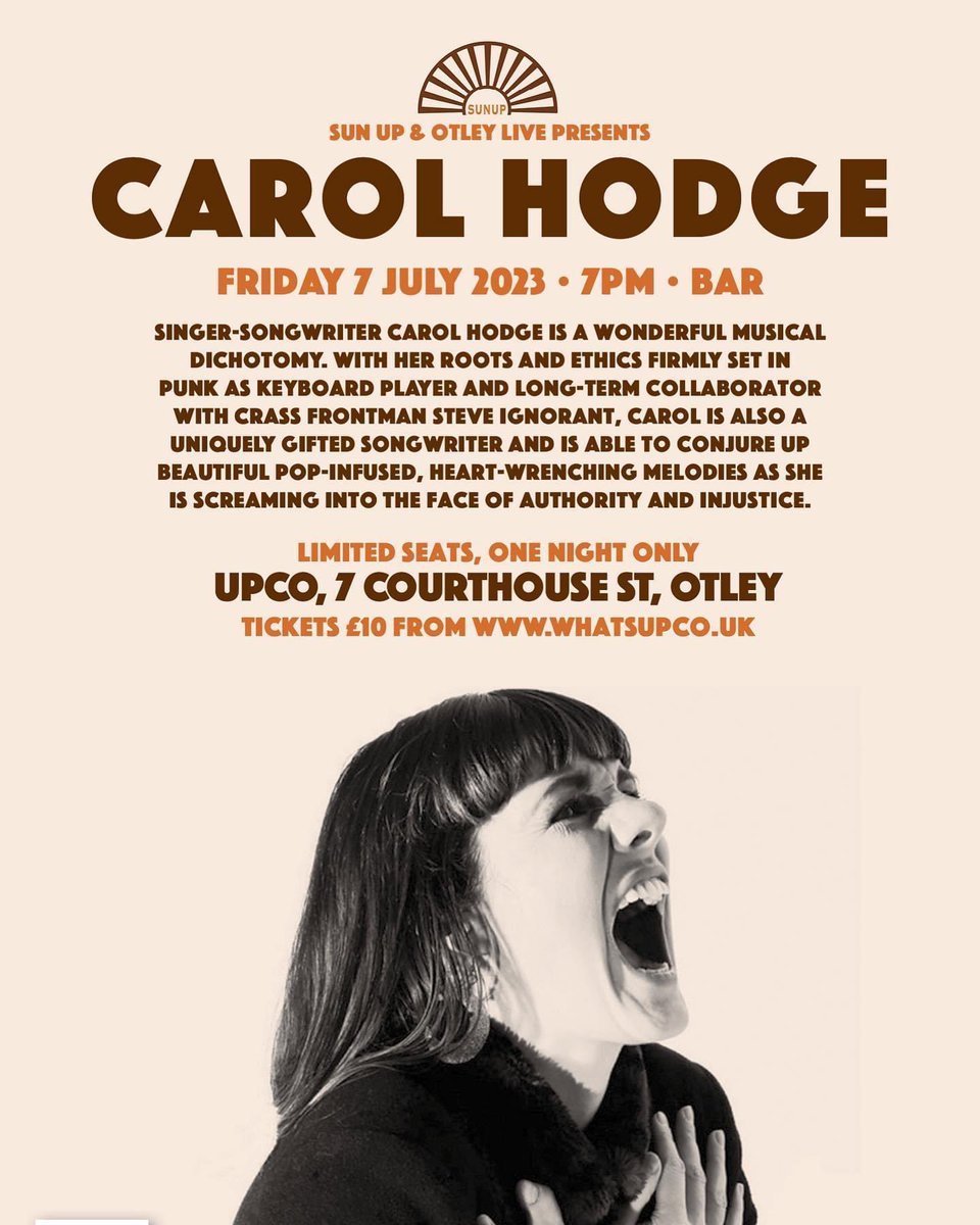 SUN UP FESTIVAL IS BACK! Otley’s festival of Summer Solstice with exhibition and events for everyone. We are partnering with Otley Live for an exciting programme of music - Come and join us at UpCo. And for starters, an evening with the fantastic @carolxhodge.