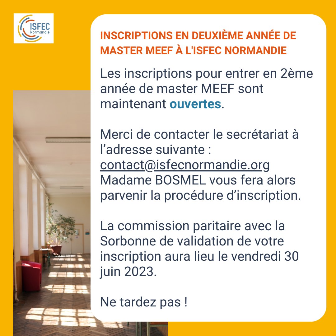 isfecnormandie's tweet image. Vous souhaitez rejoindre le Master 2 MEEF à l&apos;ISFEC Normandie ?
➡️Contactez Mme Bosmel à contact@isfecnormandie.org
📞Ou appelez nous au 02.31.06.14.50 pour toute information complémentaire

Date limite de candidature 𝗹𝗲 𝟮𝟱 𝗷𝘂𝗶𝗻 𝟮𝟬𝟮𝟯 !

#inscription #mastermeef #isfec