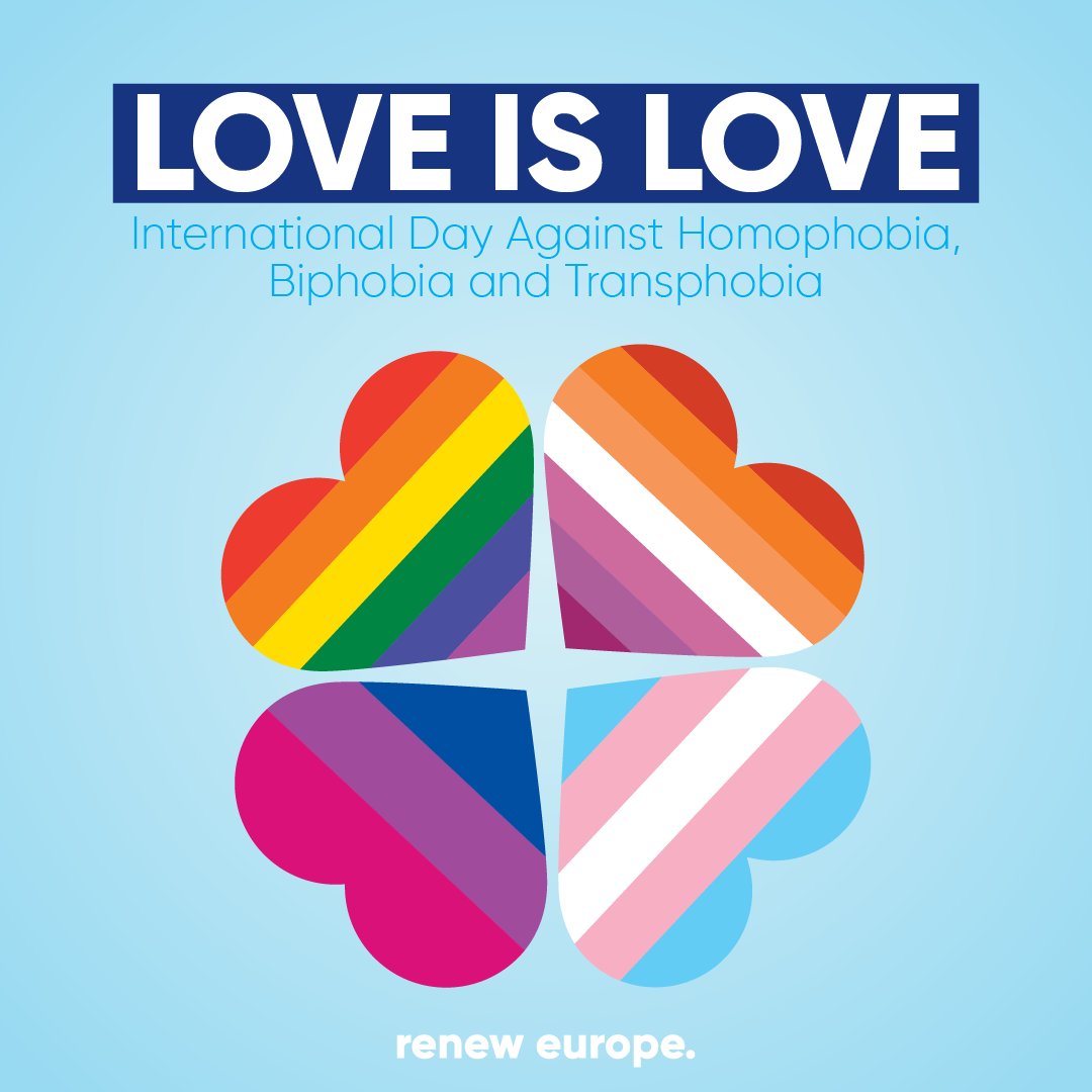 RenewEurope's tweet photo. Today is International Day Against Homophobia, Transphobia and Biphobia #IDAHOBIT 

🇪🇺 has one of the most extensive legal frameworks for #LGBTIQ+ people, but we won't stop fighting for stronger rights &amp; true equality!🏳️‍🌈🏳️‍⚧

Love is a terrible thing to hate! ❤️#LoveIsLove https://t.co/5722xGO6w5
