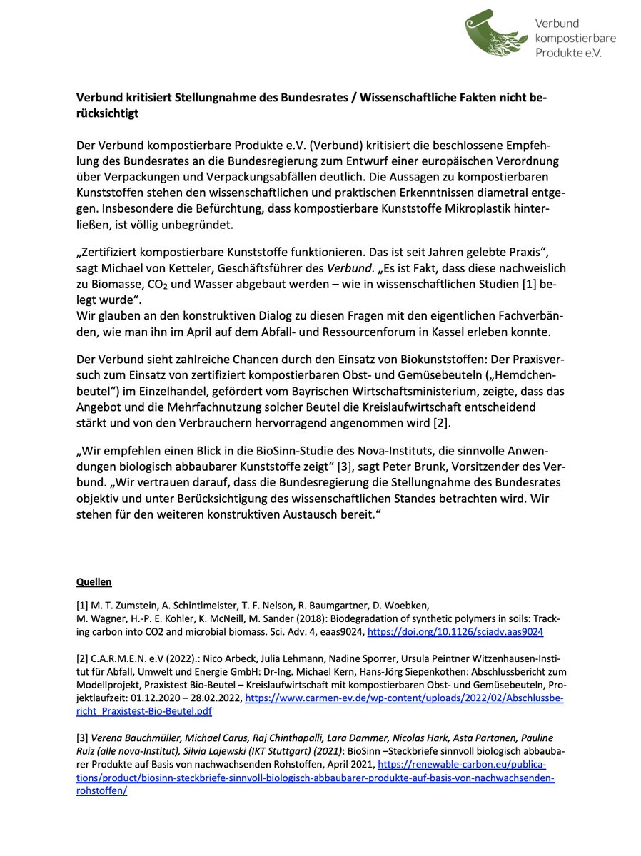 In den am Freitag formulierten Empfehlungen an die Bundesregierung zur anstehenden #PPWR hat der #Bundesrat entscheidende, wissenschaftliche Fakten zu #Biokunststoffen nicht berücksichtigt. Unsere PM hierzu: