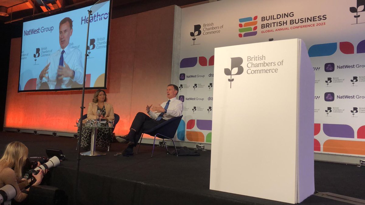 britishchambers's tweet photo. 🗣️In conversation with @ayeshahazarika  at #BCCCONF, Rt Hon @Jeremy_Hunt MP said: "The Government will be sensible and pragmatic about immigration requirements where there are pressures."

Headline partner @NatWestBusiness @NatWestGroup and supported by @DraxGroup @yourheathrow https://t.co/TlYKE1IzZ8