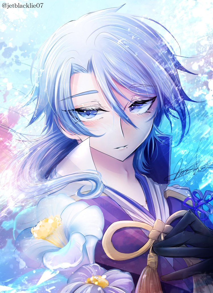 kamisato ayato 1boy male focus blue hair solo flower blue eyes gloves  illustration images