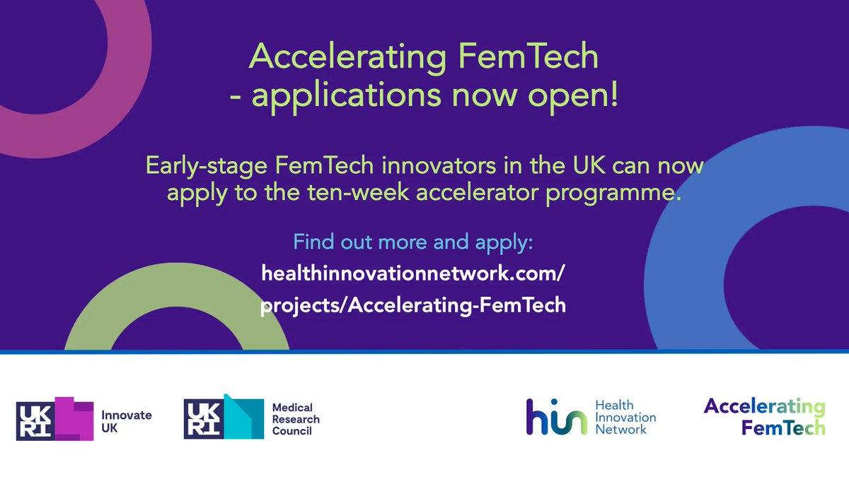 APPLICATIONS NOW OPEN! The #AcceleratingFemTech 10-week support programme is now open for applications from companies from across the UK, that have early-stage innovations addressing current challenges in women’s health. Find out more and apply: buff.ly/3BuK1Cm