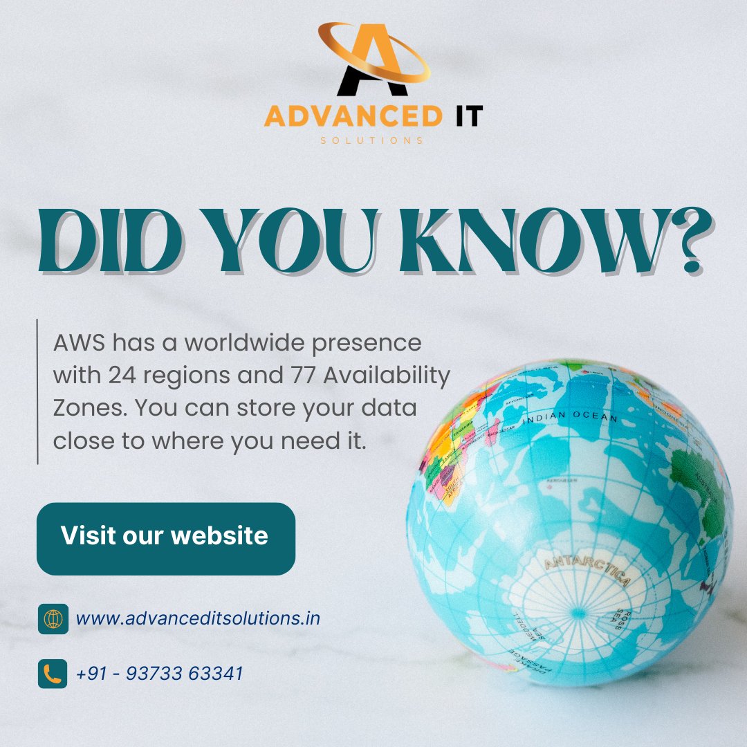 AdvancedITSols's tweet photo. AWS has a worldwide presence with 24 regions and 77 Availability Zones. You can store your data close to where you need it.
.
.
.
#cloudcomputing #cloudcomputingservices #cloudcomputingsystem #cloudcomputingtraining #cloudcomputingsolution #cloudcomputingcourse #awscloudcomputing https://t.co/PSPz0ZMbpg