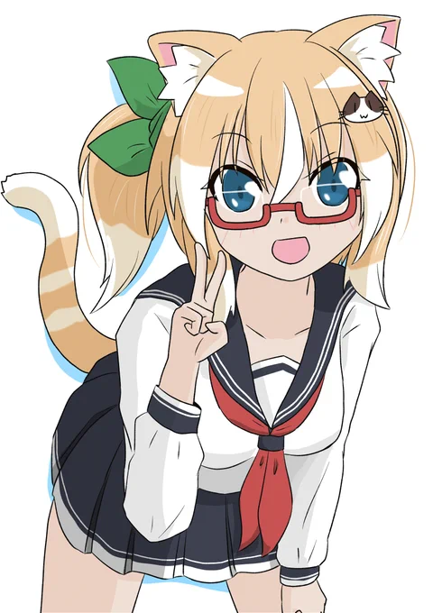 <なんかわかんないけどピース!  #創作 #オリキャラ #ネコとイヌとメガネっ娘