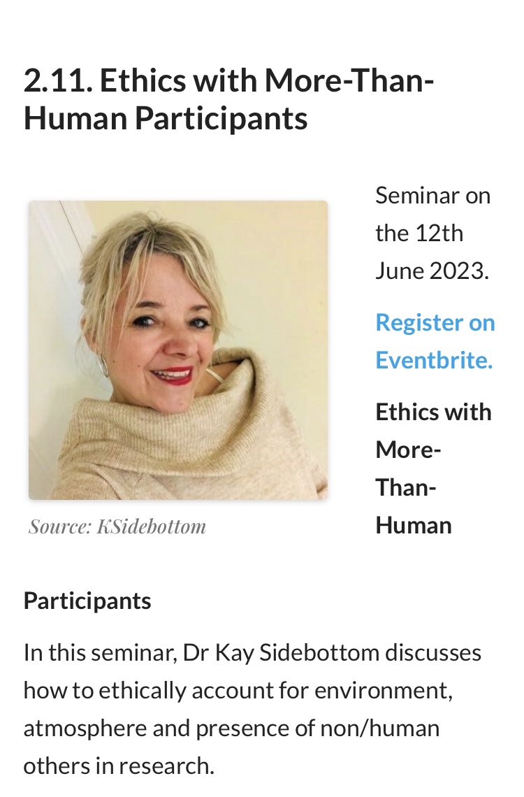 Running a seminar on ‘Ethics with More-Than-Human Participants’ on 12th June (thanks <a href="/ncjbrown/">Nicole Brown</a> :)

In a world where ethics is often a human-centred, initial tick-box exercise, what might a more expansive approach mean for our enquiries?

Register here: eventbrite.com/e/ethics-with-…