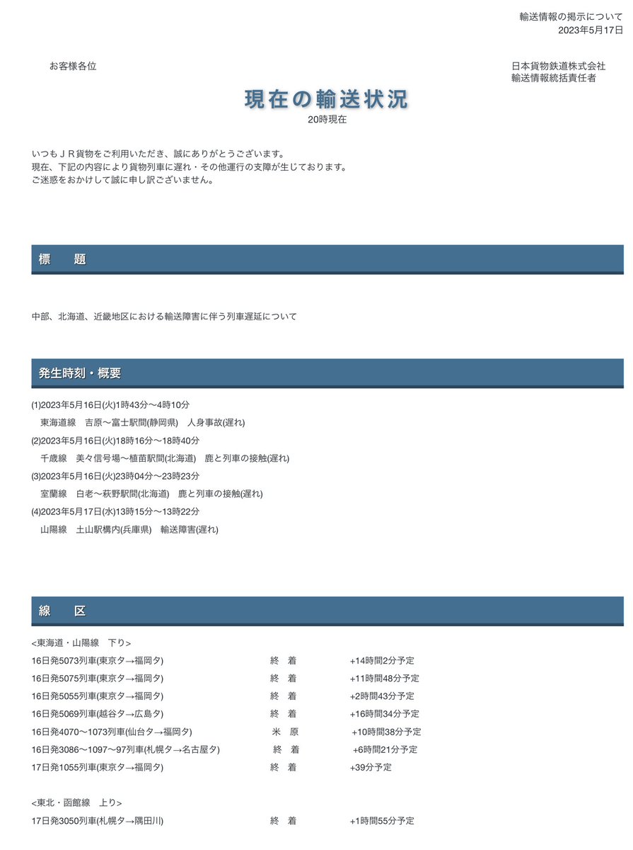 logistician2201's tweet photo. JR貨物の運休情報の掲載場所変わったんですかね。。。
昨晩発の列車が運休してるはずなのに、全く掲載されてないんですが。

現在の輸送状況
https://t.co/KrWhbvu9qK

#鉄道輸送　#モーダルシフト　#物流 https://t.co/oyYgqPsQDr