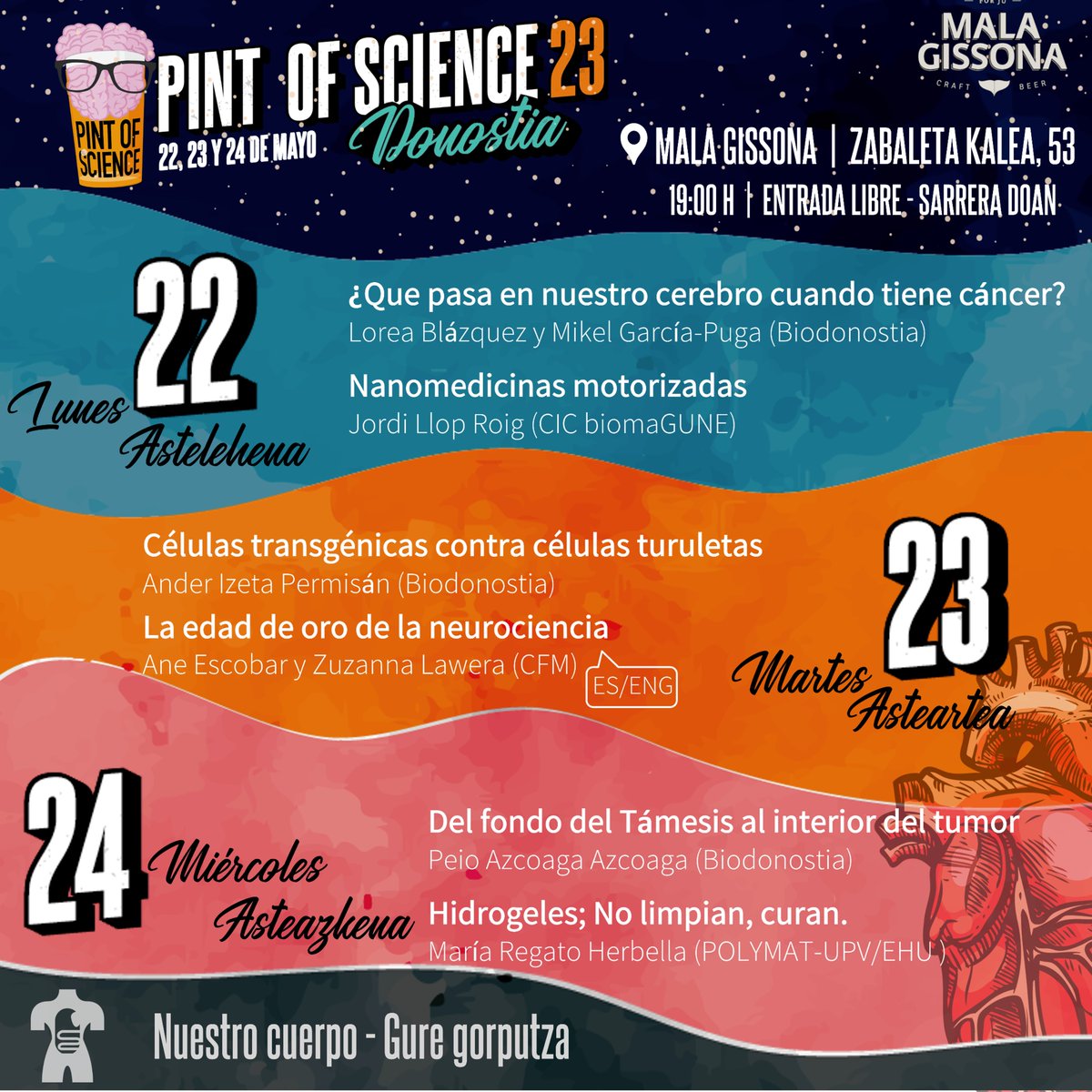 🎉Llega #pintofscience !!! 
En Donostia los bares también se llenarán de ciencia
¿Quieres un ejemplo?
📅23 de Mayo, 19:00
Puedes quedar con Ane Escobar y Zuzanna Lawera del CFM en el <a href="/malagissona/">Mala Gissona</a> 
<a href="/csicdivulga/">CSIC Divulga</a> 
<a href="/divulgadonosti/">DivulgaDonosti</a> 
#emakumeakzientzian #neurociencia