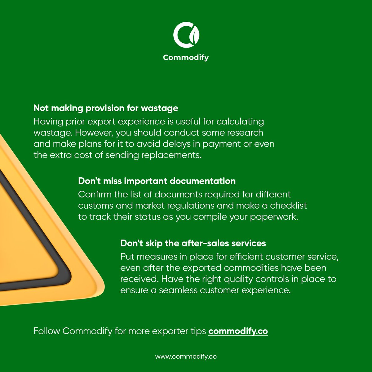 commodifyafrica's tweet photo. Anyone of these mistakes can be the difference between profit and loss on your exporting plans. https://t.co/zmLAk0TDz9