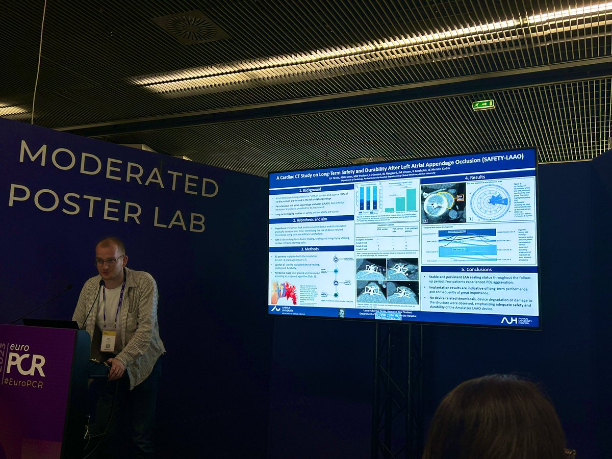 Rising 💫 medical student Lasse Tiroke @AUHCardio presented his prospective study of >4 yrs (mean 5.7) #yesCCT imaging outcomes after #LAAO @PCRonline #EuroPCR2023 ❗️No device deterioration ❗️LAA sealing stable ❗️While PDL persistent over time ❗️No DRT detected Great work👏🏼👏🏼