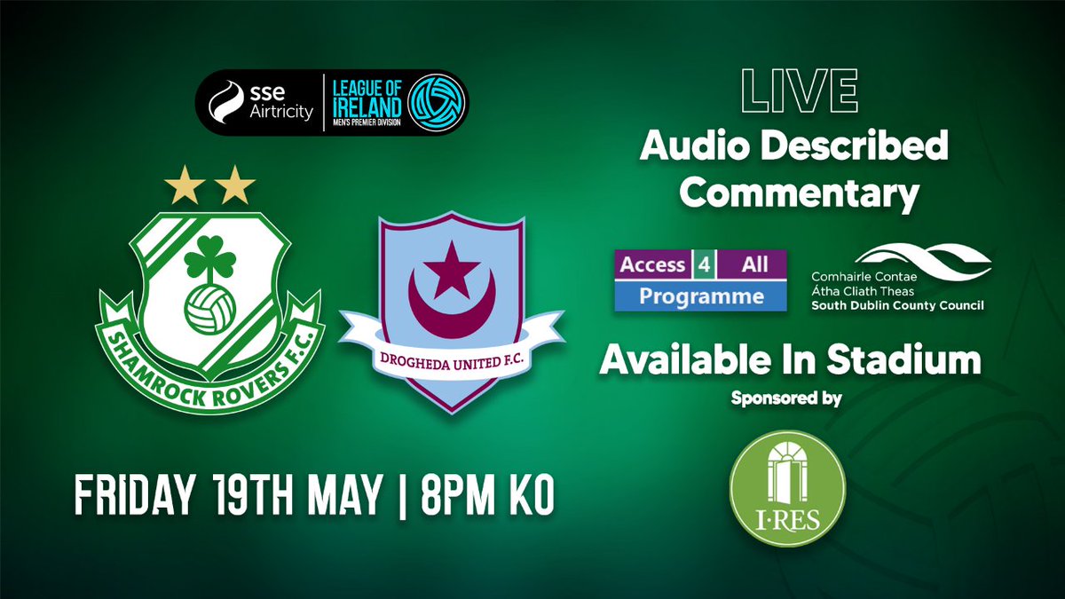 Shamrock Rovers FC (@shamrockrovers) on Twitter photo 🎧 Headsets providing Audio Described Commentary are available for visually impaired fans at Friday's game v Drogheda Utd at <a href="/tallaghtstadium/">Tallaght Stadium</a>
This initiative is part of SRFC's inclusivity work supported by <a href="/sdublincoco/">SDCC</a>, <a href="/NCBIDayServices/">NCBI Day & Hub Services</a> & IRES
Tickets 📩 info@shamrockrovers.ie 🎧 Headsets providing Audio Described Commentary are available for visually impaired fans at Friday's game v Drogheda Utd at <a href="/tallaghtstadium/">Tallaght Stadium</a>
This initiative is part of SRFC's inclusivity work supported by <a href="/sdublincoco/">SDCC</a>, <a href="/NCBIDayServices/">NCBI Day & Hub Services</a> & IRES
Tickets 📩 info@shamrockrovers.ie