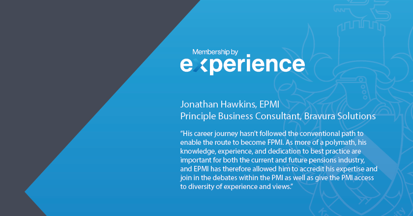 We are delighted to announce <a href="/fintech_jonny/">Jonathan Hawkins</a>, Principal Consultant, <a href="/BravuraFinTech/">Bravura Solutions</a> for attaining (EPMI) Membership by Experience accreditation with the PMI.

Here’s what Jonathan had to say.

For info on EPMI: pensions-pmi.org.uk/membership/new…

#PMIPensions #EPMI