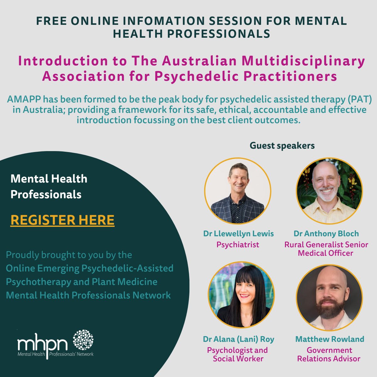 Signs0fLife's tweet image. Join members of the AMAPP board &amp;amp;our multidisciplinary community June 1st 7pm-8:3opm (AEST) via Zoom. We will discuss:
*Our vision/mission
*PAT &amp;amp; the TGA
*Opportunities to get involved in our steering committees
lnkd.in/gJghA-ys
#AMAPP#multidisciplinary#psychedelicscience