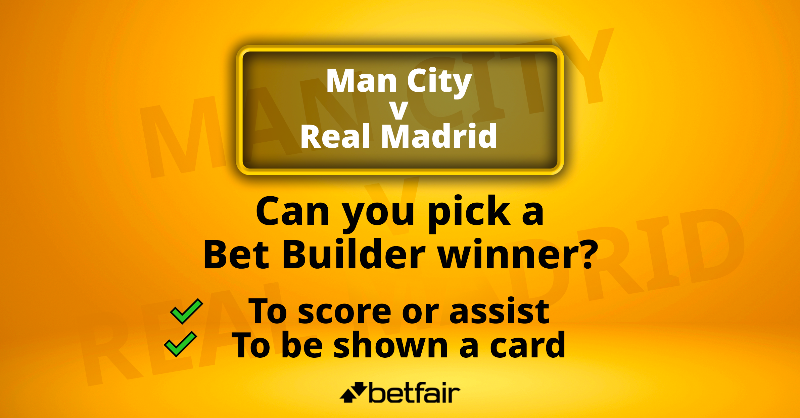 Betfair's tweet photo. 🎁 Bet Builder competition!

🎉 We're giving away 2x £25 free bets in Man City v Real Madrid

✅ To be in with a chance of winning - follow us, RT this tweet and reply with: 

⚽️ Player to Score or Assist
🟨 Player to be carded