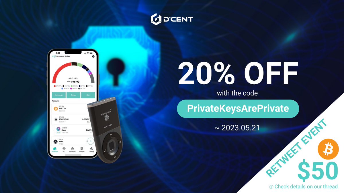 DCENTWALLETS's tweet photo. ❗️Private Keys Are Private events are live❗️

By using the coupon PrivateKeysArePrivate, get 20% off our D'CENT Hardware Wallet and the 2X Package.
🗺️ Available worldwide
📅 Until 21st May
✅ Get you D'CENT Wallet https://t.co/BopgZdjxmL

Also, as a second event, we will pick 10 of you to earn $50 in BTC. To join:
👉 Retweet 
👉 Follow us
👉 Comment #PrivateKeysArePrivate and share it online

Best of luck to you all 😉
