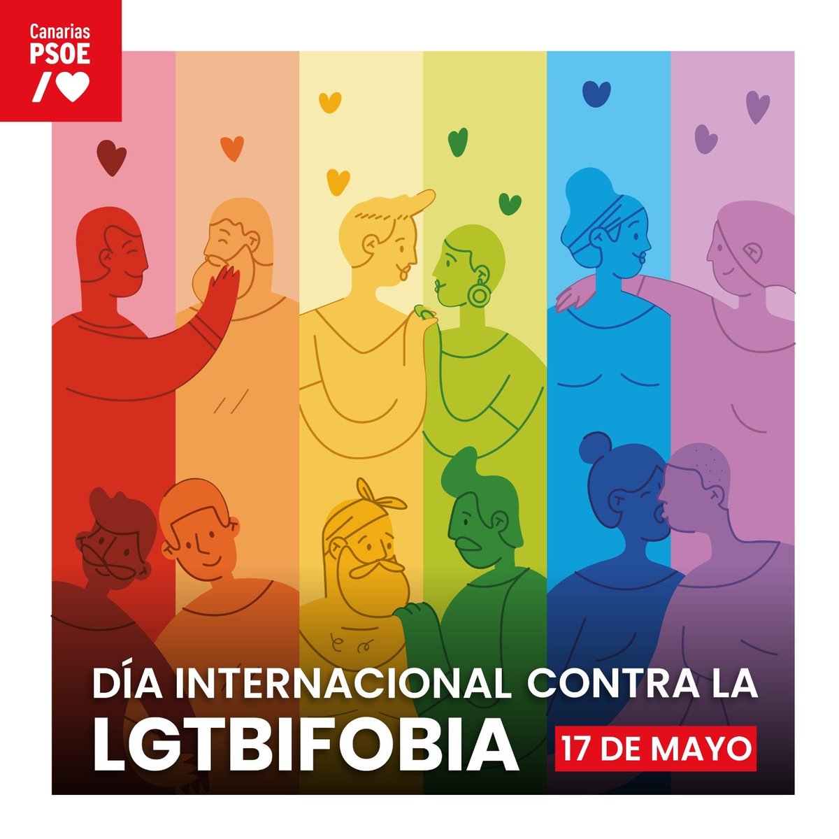 PSOECanarias's tweet photo. Hoy, Día Internacional contra la #LGTBIfobia, reiteramos nuestro compromiso para desterrar de la sociedad el odio y la discriminación hacia las personas del colectivo LGTBI. 

#StopLGTBIfobia 
❤️🧡💛💚💙💜 https://t.co/U1SeJt3pP8