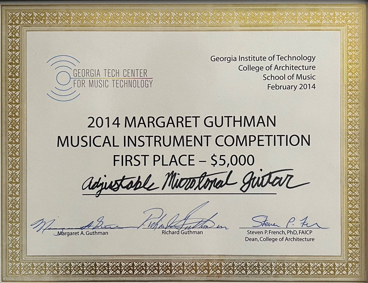 MicrotonalGI's tweet photo. 1st place among 85 new instrument designs at @GeorgiaTech Guthman Musical Instrument Competition in 2014: Adjustable Microtonal Guitar by @tolgahancogulu https://t.co/4cg00N2n6m