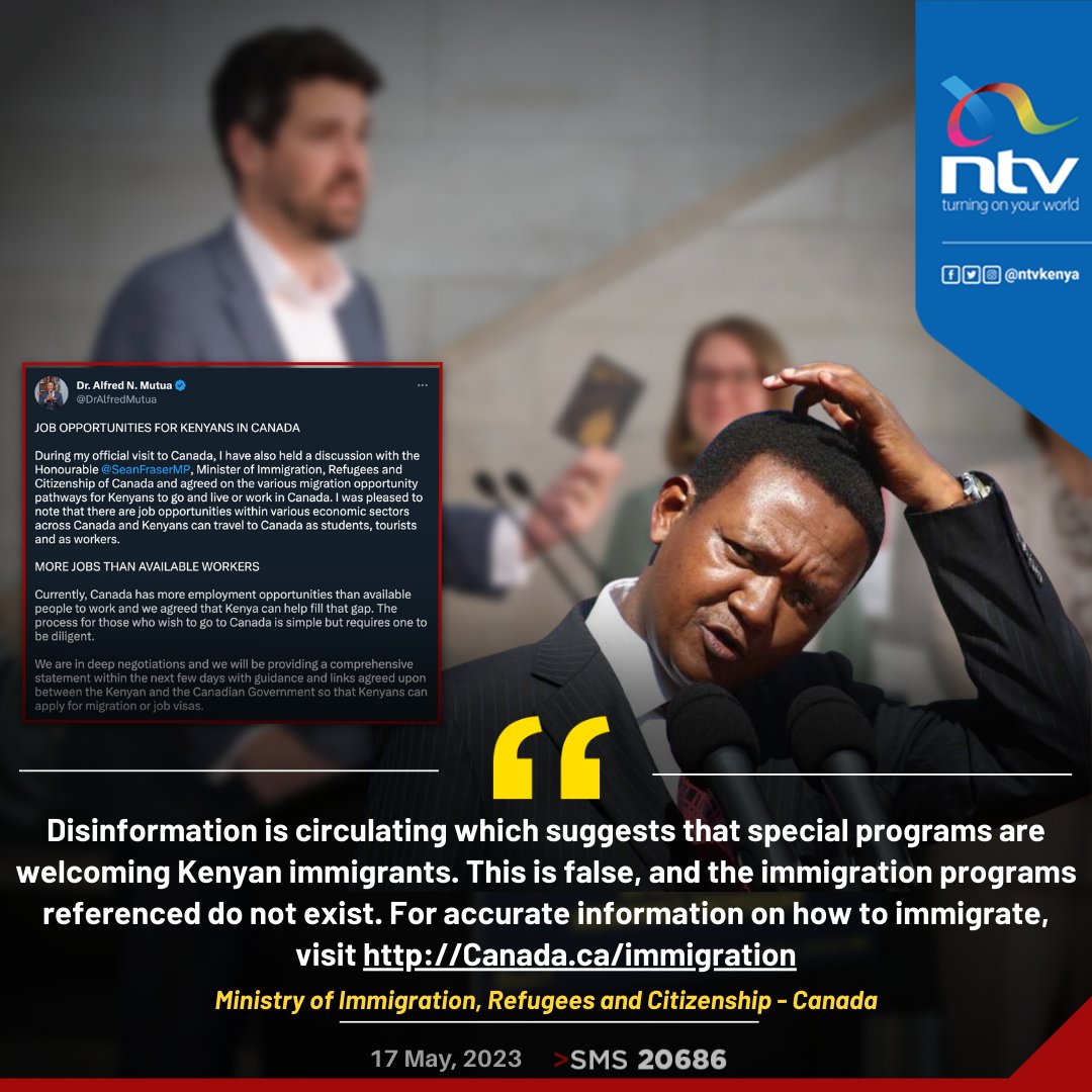 ntvkenya's tweet photo. Canada dismisses CS Mutua's 'employment deal’ claim as false 

https://t.co/P0A0pTJb2p https://t.co/10u11ww5lR
