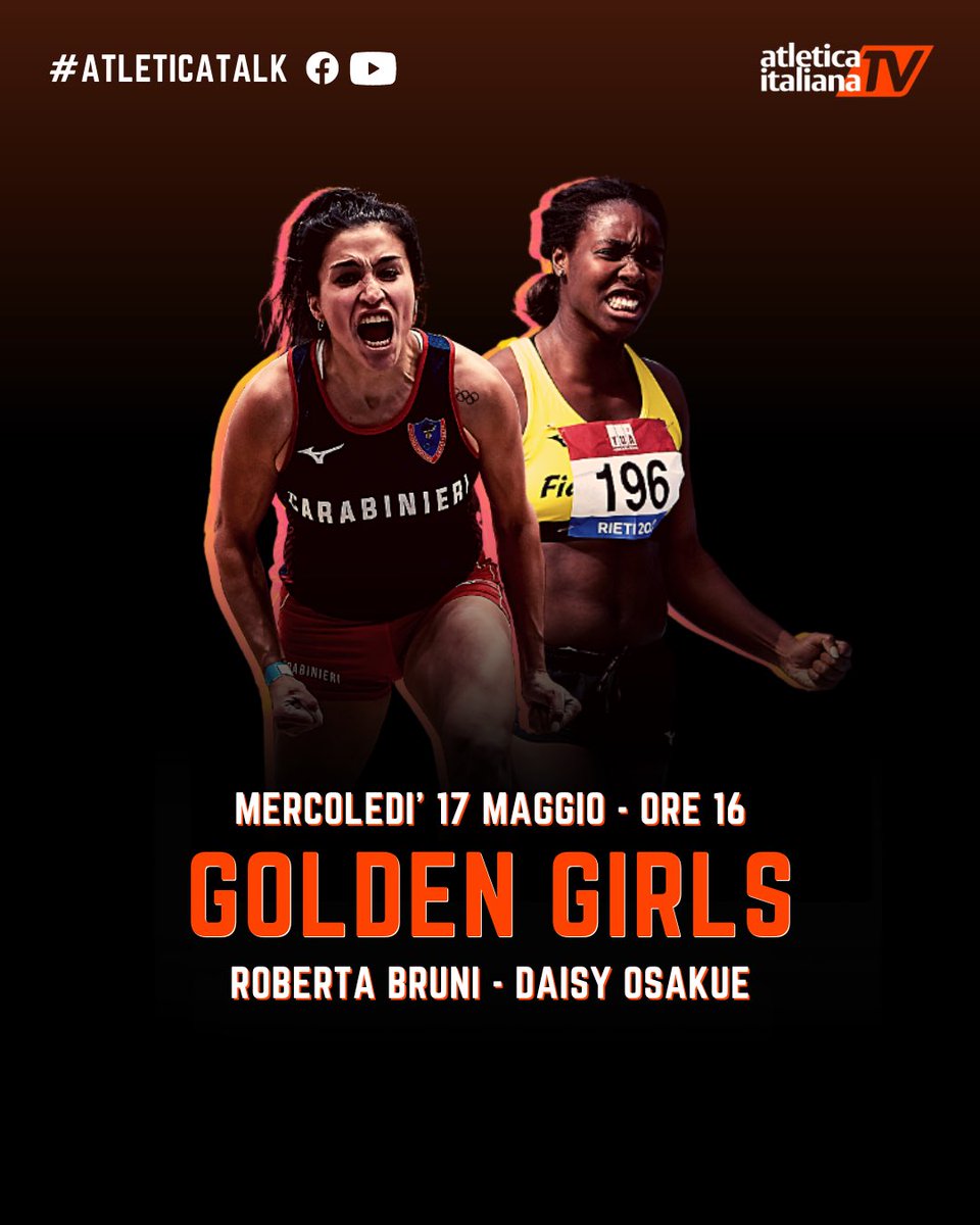 💛 𝐆𝐎𝐋𝐃𝐄𝐍 𝐆𝐈𝐑𝐋𝐒!

Nuova puntata di #Atletica Talk: ospiti le primatiste italiane Roberta Bruni (asta) e Daisy Osakue (disco), tra le protagoniste azzurre del @goldengala_official Pietro Mennea del 2 giugno a Firenze!

👉🏻 Oggi ore 16 su Facebook 

#atletica #AtleticaTV