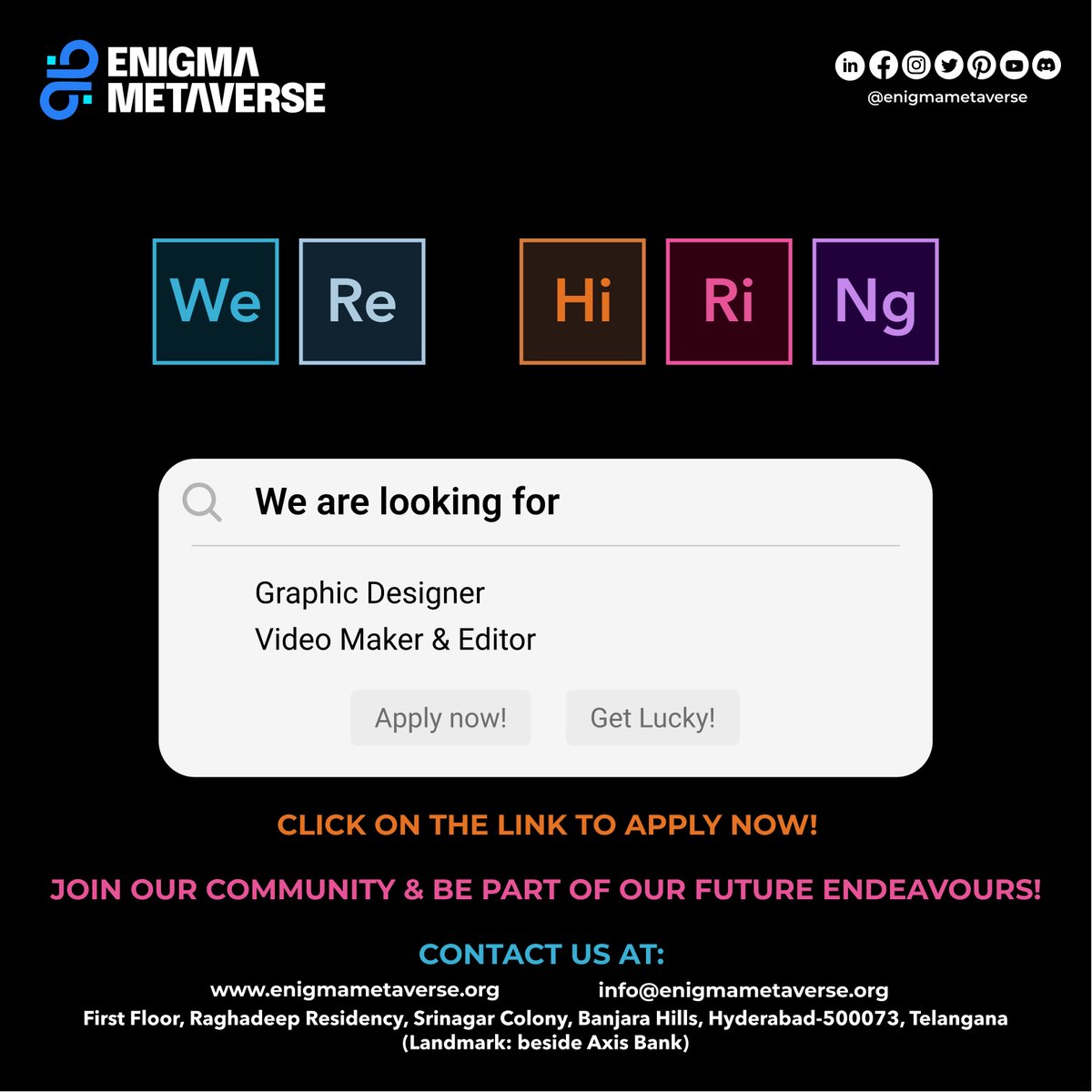 Looking for a #graphicdesign or #videoediting #videomaking job?
WE'RE HIRING!
Apply using link below! 👇👇👇

forms.office.com/r/M7TUZ7uHw8

Join our Enigma Family where we learn and grow together!

#hiring #jobs #jobsearch #recruitment #job #nowhiring #recruiting #career #employment