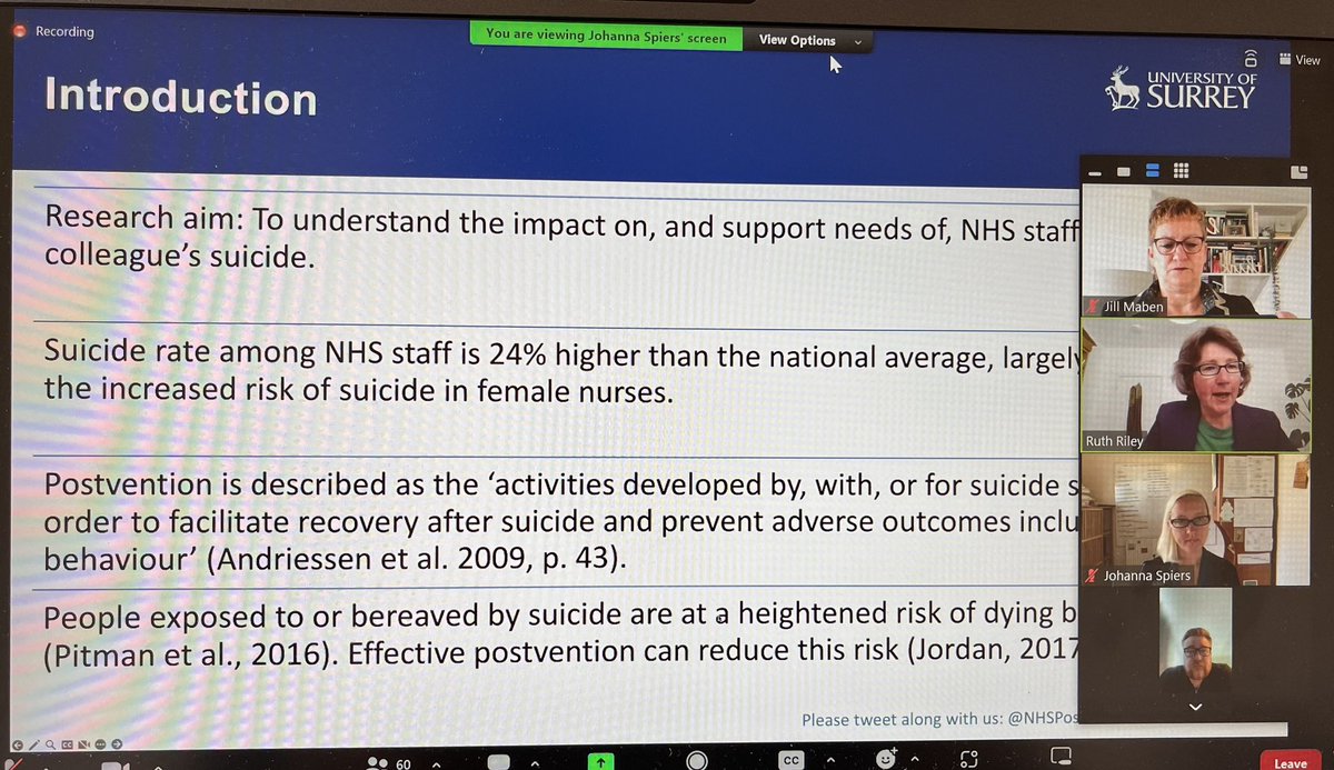 Honoured to be chairing our stakeholder workshop - sharing key findings from our NIHR study developing Suicide postvention guidance for NHS workers following the suicide of a colleague @NHSPostvention #MentalHealthAwarenessWeek
