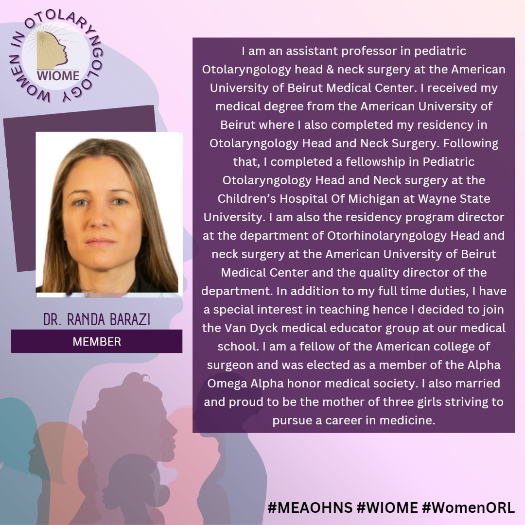 WIOME_ORL's tweet image. Introducing our featured #WIOME member, Dr. Randa Barazi from Beirut specializes in pediatric otorhinolaryngology.

Her valuable insights are not to be missed.
Sign up today at bit.ly/WIOME
Stay tuned for more featured updates!

#WIOME #WomenInMedicine #WomenInORL