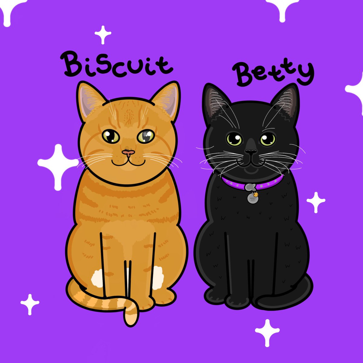 LisysGingerBisc's tweet photo. My big sister @LisysBettyCat died 13.5 months before mum adopted me, so she doesn’t have any pictures of us together.

@BeansonLoaf drew this stunning pic of us together. Look at the details like my cloudy left eye, and the kink in my tail where I broke it a long time ago. https://t.co/aGd7nnjTBA