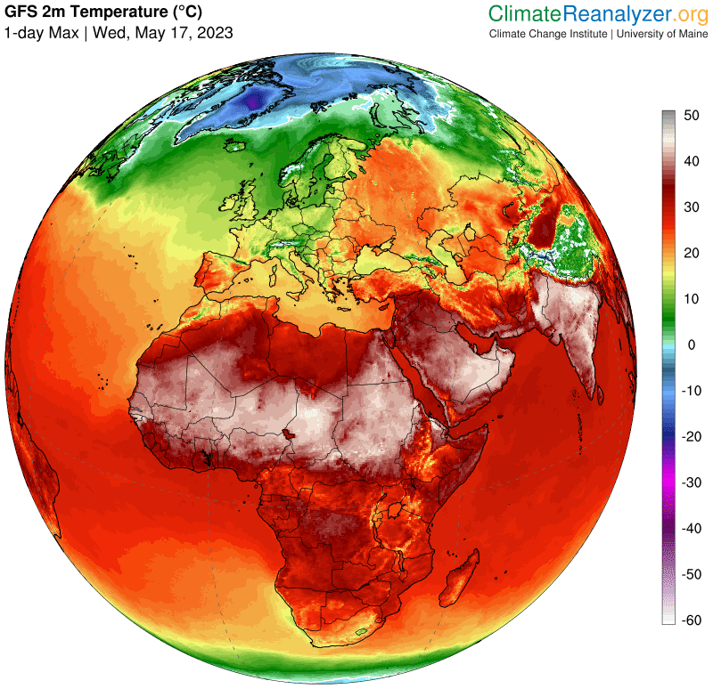 PGDynes's tweet photo. The heat stretching from Western Africa across the Middle East and into India atm is incredible. 45C plus (113F) in many regions across the entire landmass. These 3 major regions, where billions live, are identified as being virtually uninhabitable in a world of 2C global heating https://t.co/LBjeTqlzAa
