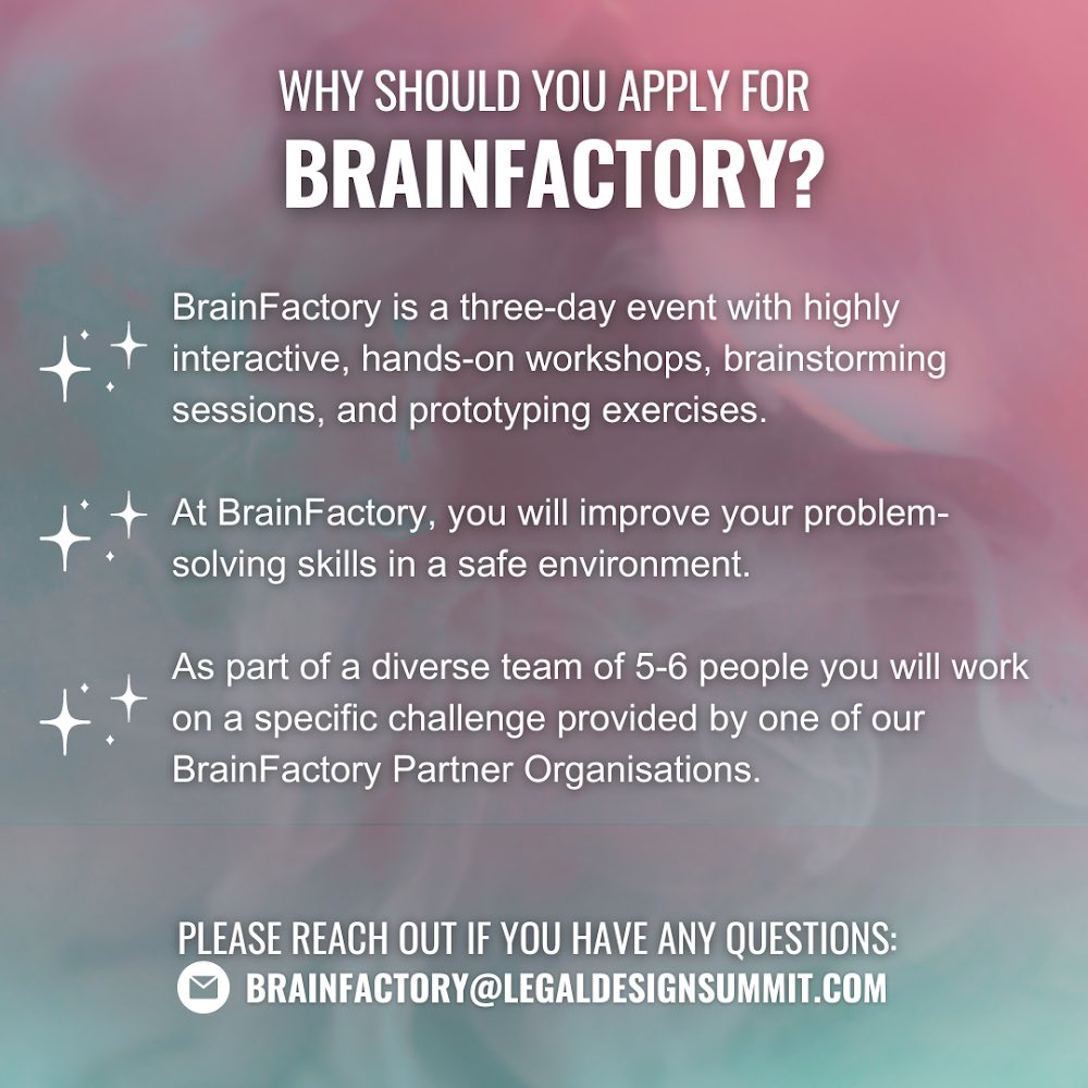 LegaldesignFI's tweet photo. 🌟 Join BrainFactory 2023! 🧠✨
Calling all innovators and problem solvers! Applications for the ultimate legal design experience are now OPEN! 🎉 Apply now from 17th to 31st May and unlock your creative potential! 🚀💡
#BrainFactory2023 #LegalDesignSummit2023 https://t.co/K7219PKRDC
