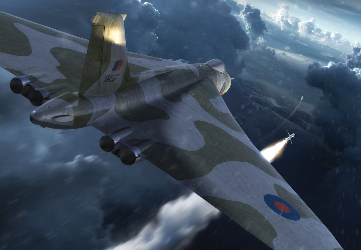 Artwork showing Vulcan B.2/Black Buck 5 targets a Westinghouse AN/TPS-43 3D radar, 31 May 1982 from Operation Black Buck 1982
